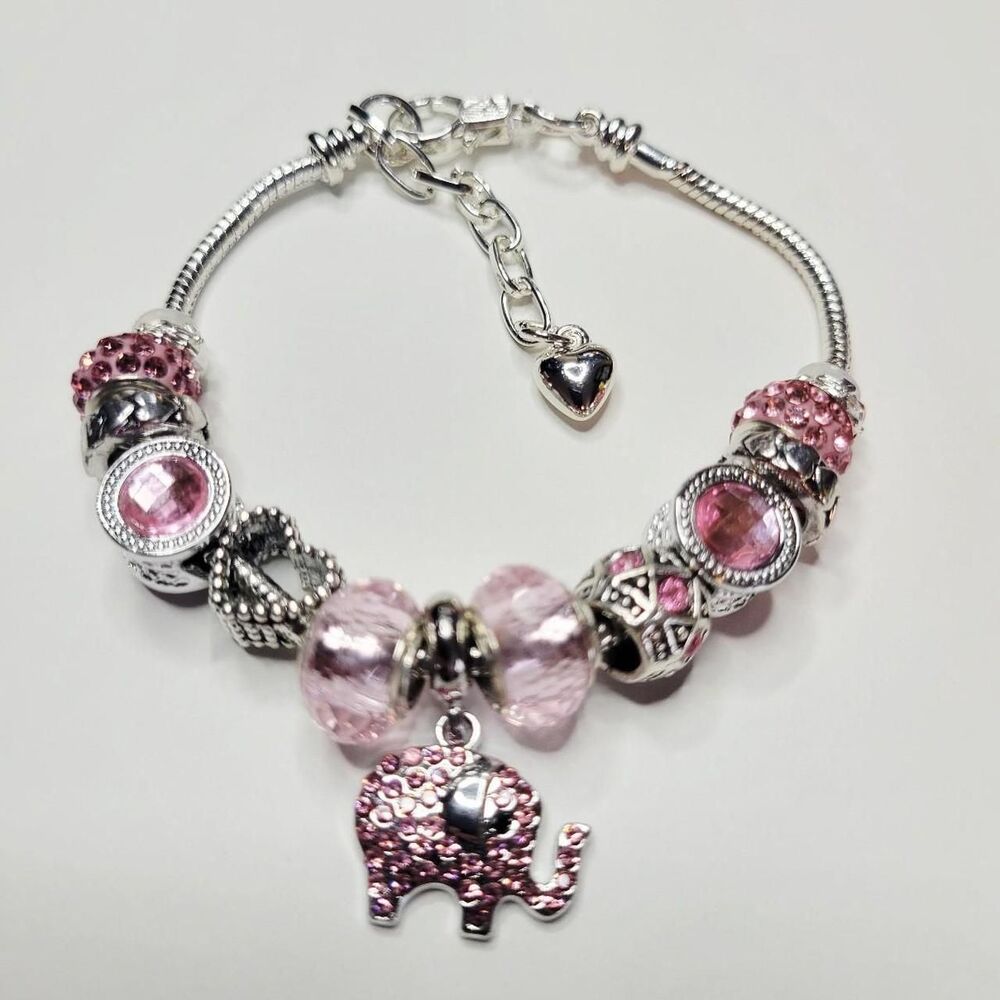 NWT S925 Pandora Style Charm Bracelet Sparkling Pink Elephant Hearts Rhinestones